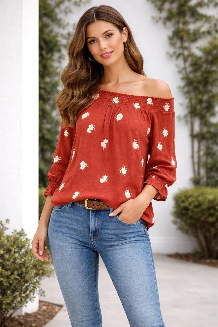 Ivory Love Boho Cottagecore Peasant Blouse Burnt Orange Embroidered L